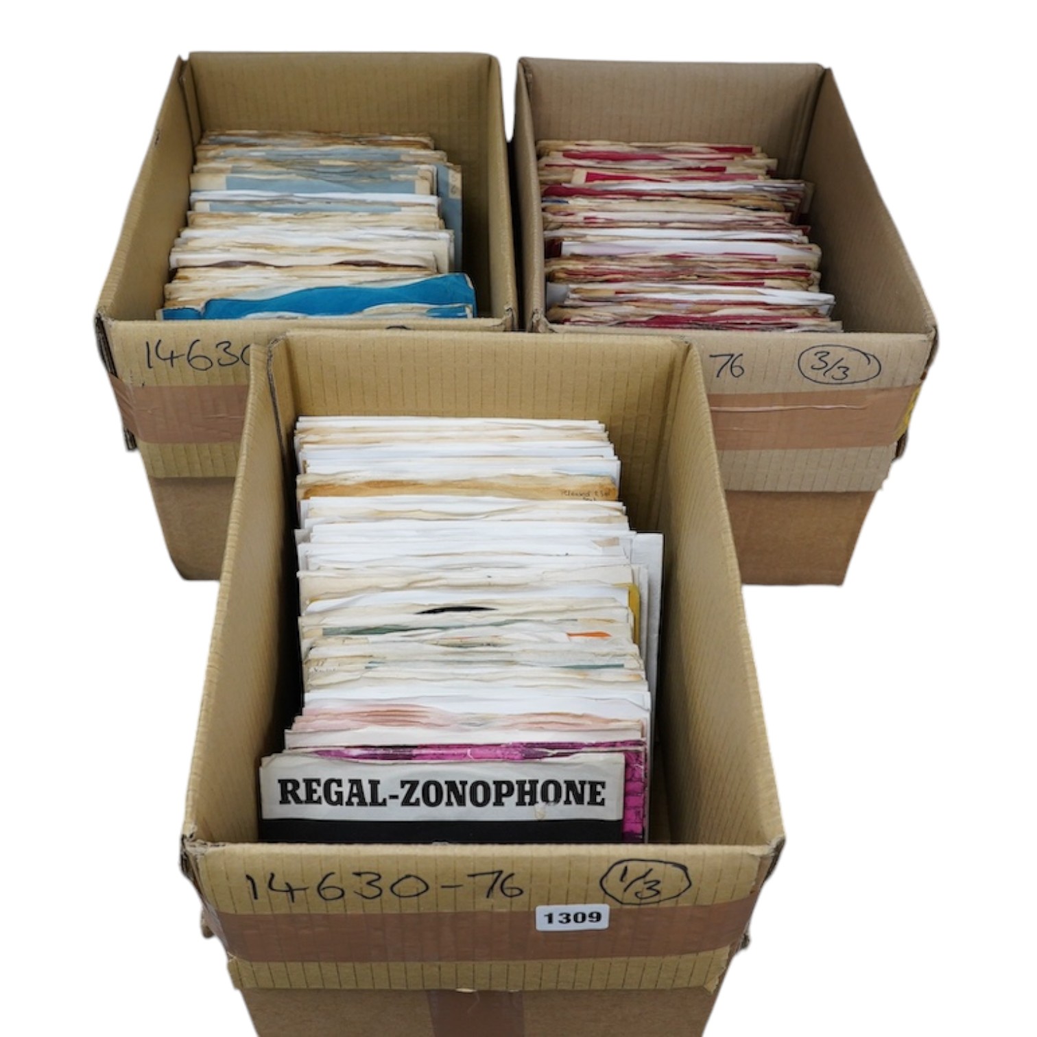 Three boxes of 7” singles on London, RCA, United Artists, Warner Brothers, Regal, Reprise, etc. labels, artists including; Jack Scott, Elvis Presley, Neil Sedaka, The Everly Brothers, Joe Cocker, Rolling Stones, etc. Con